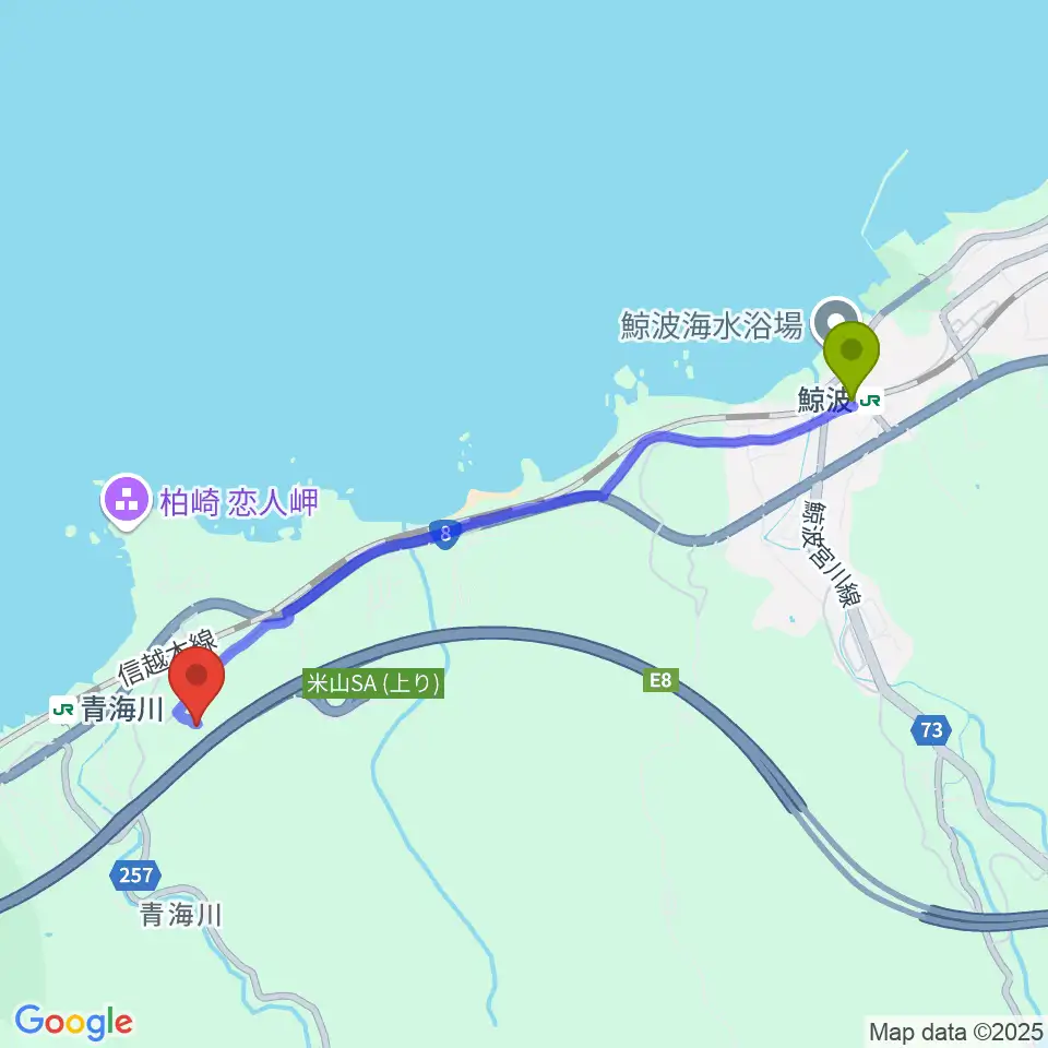 鯨波駅から柏崎コレクションビレッジへのルートマップ地図