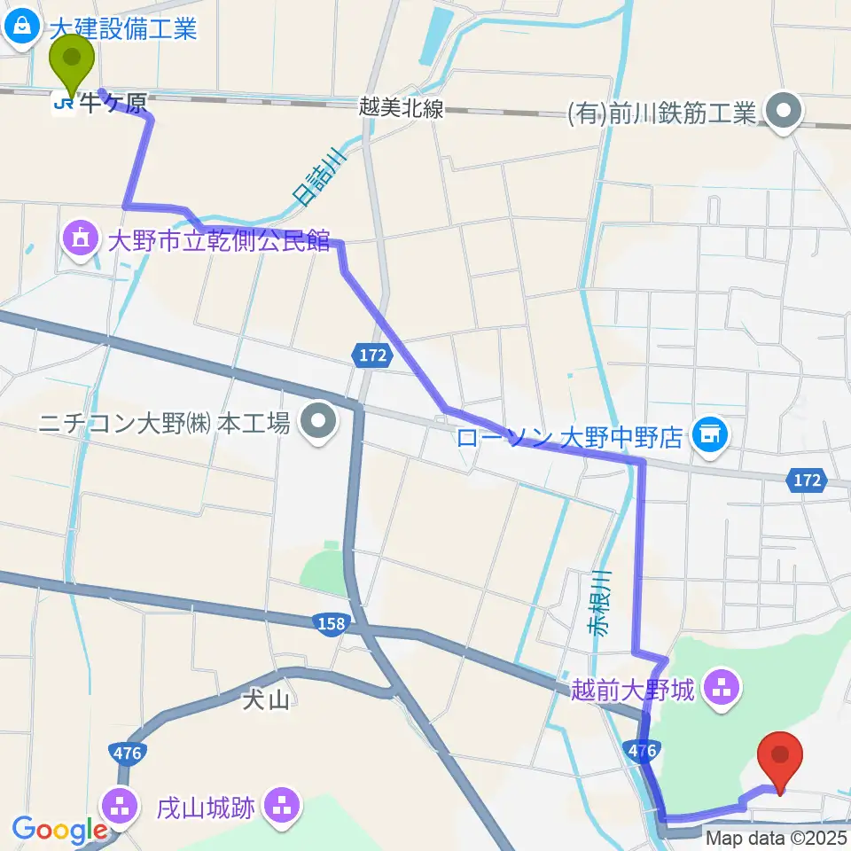 牛ケ原駅から大野市民俗資料館へのルートマップ地図