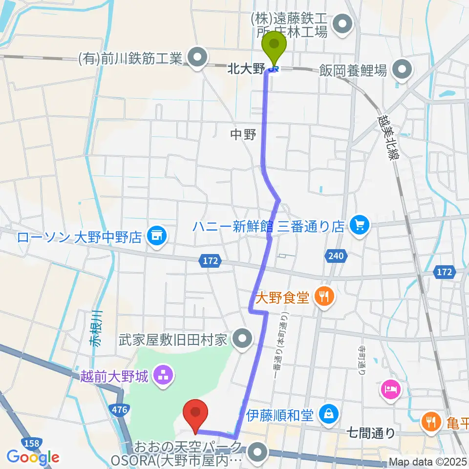 北大野駅から大野市民俗資料館へのルートマップ地図