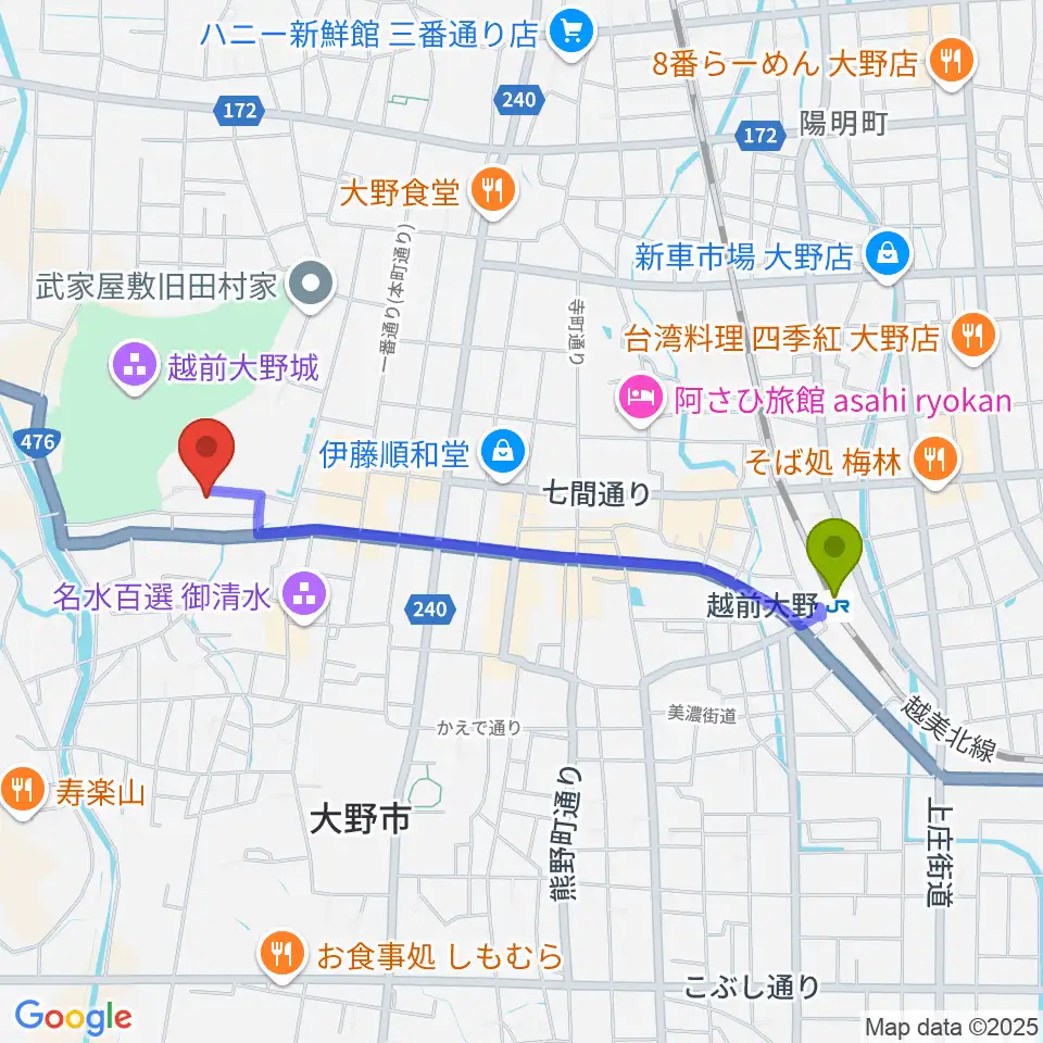 大野市民俗資料館の最寄駅越前大野駅からの徒歩ルート（約19分）地図