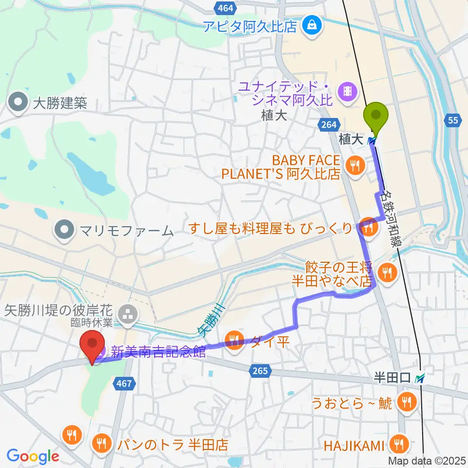 植大駅から新美南吉記念館へのルートマップ地図