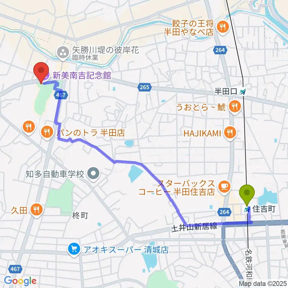 住吉町駅から新美南吉記念館へのルートマップ地図
