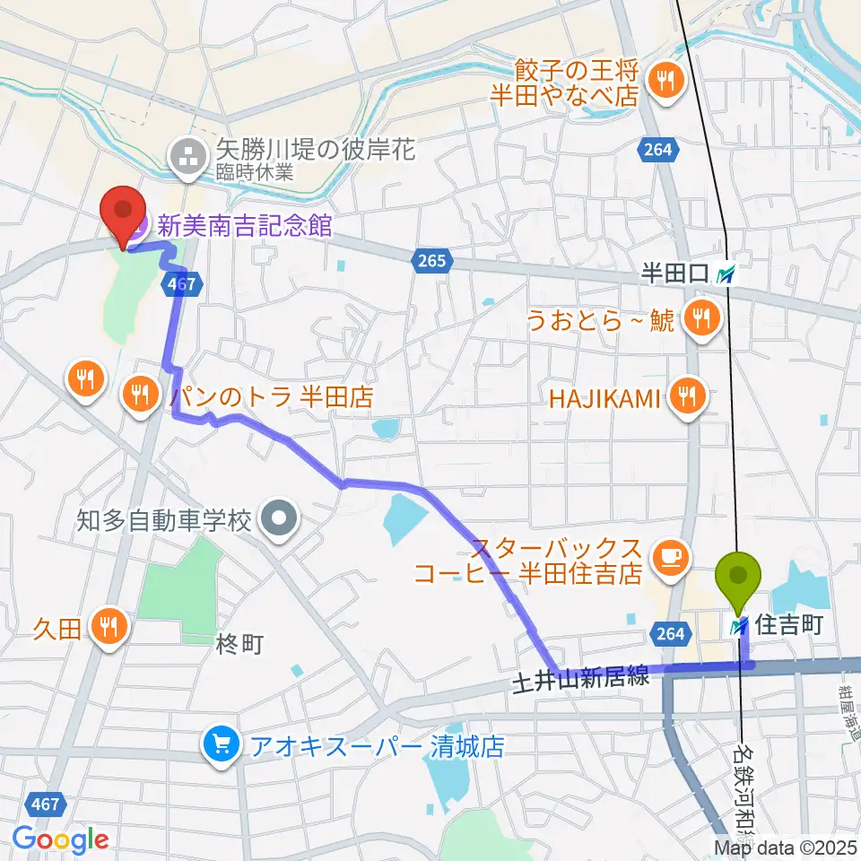 住吉町駅から新美南吉記念館へのルートマップ地図