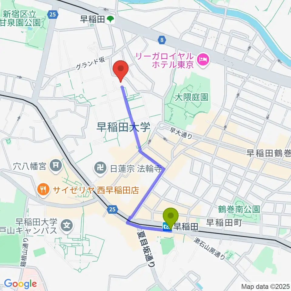 早稲田駅から早稲田大学坪内博士記念演劇博物館へのルートマップ地図