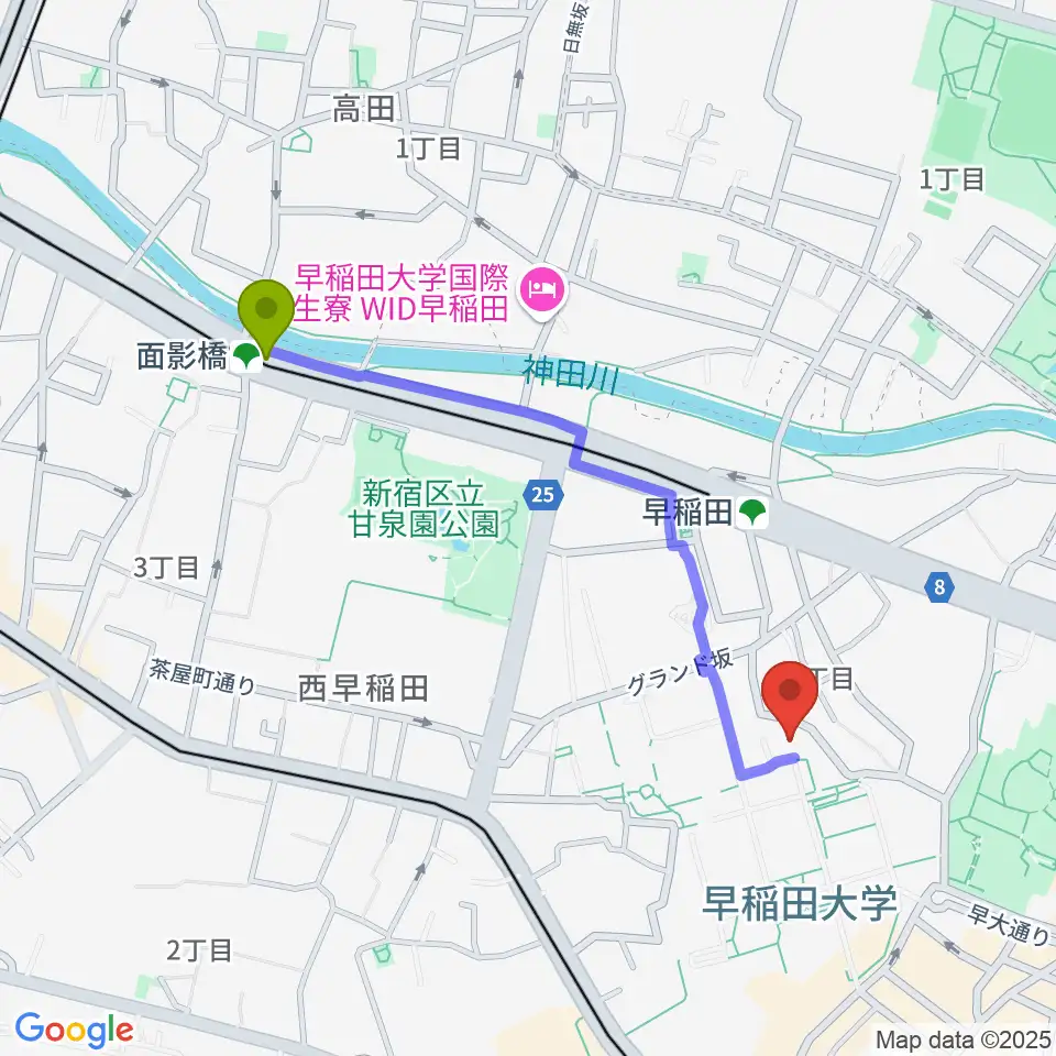 面影橋駅から早稲田大学坪内博士記念演劇博物館へのルートマップ地図