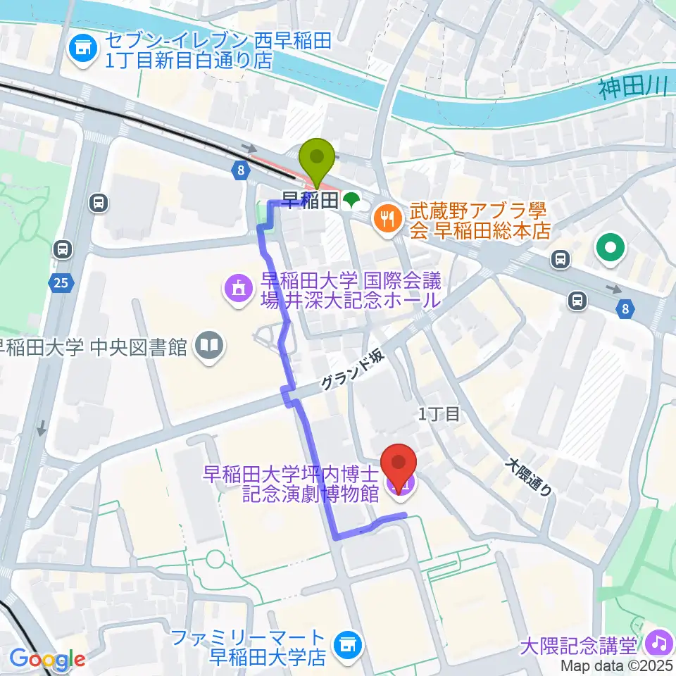 早稲田大学坪内博士記念演劇博物館の最寄駅早稲田駅からの徒歩ルート（約4分）地図