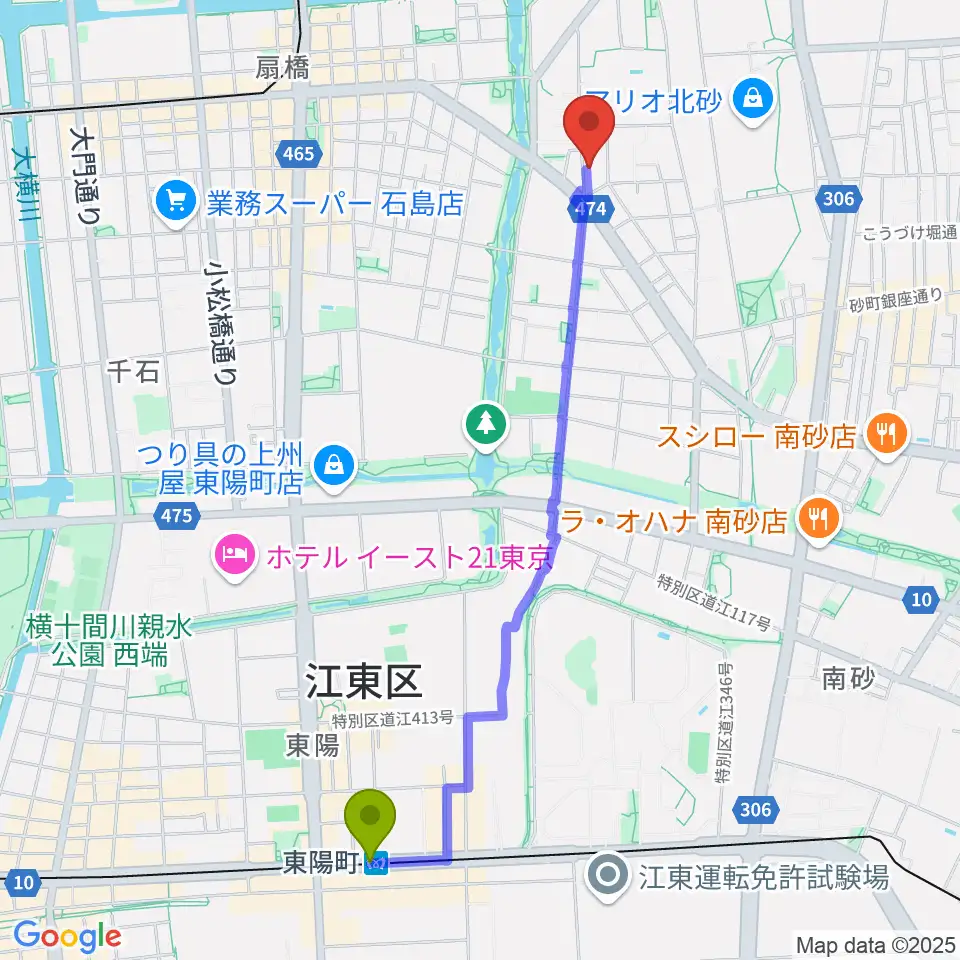 東陽町駅から東京大空襲・戦災資料センターへのルートマップ地図