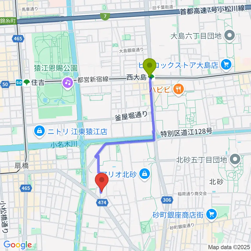 東京大空襲・戦災資料センターの最寄駅西大島駅からの徒歩ルート（約15分）地図