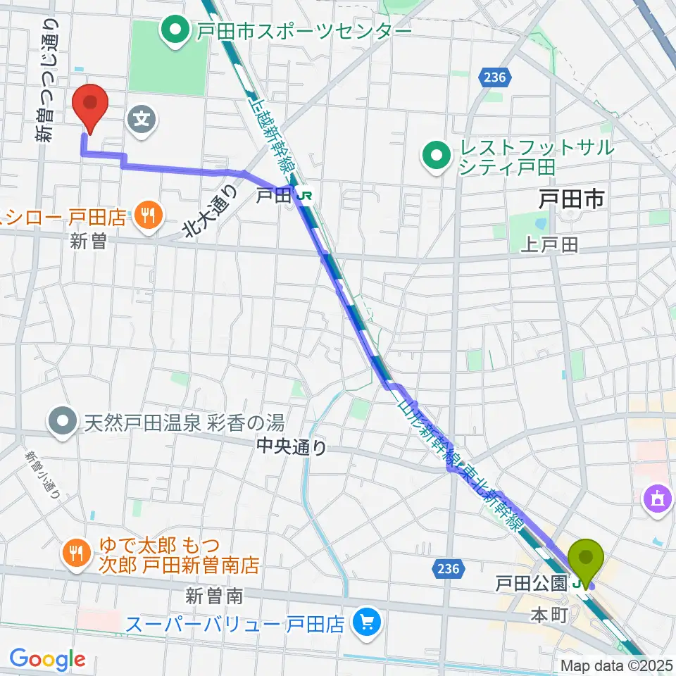 戸田公園駅から戸田市立郷土博物館へのルートマップ地図