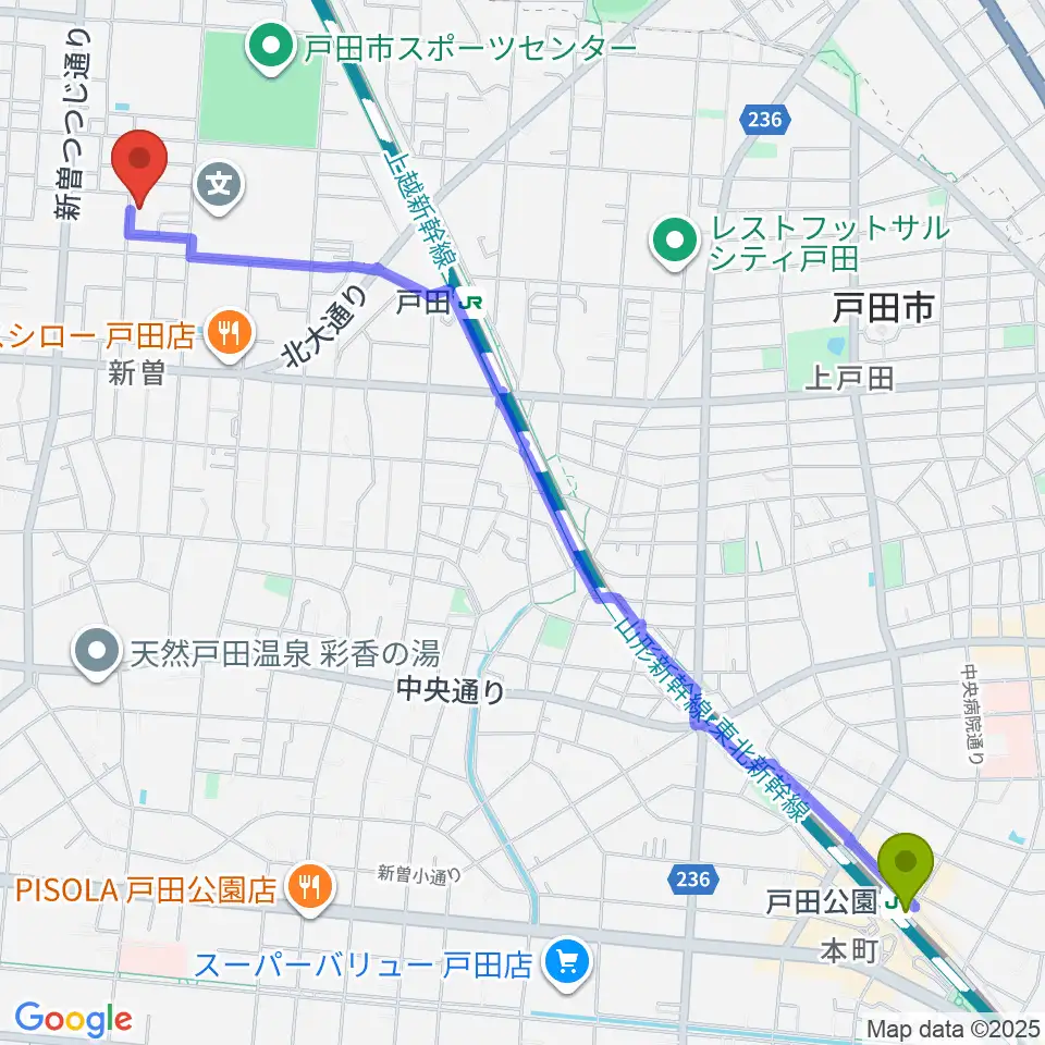 戸田公園駅から戸田市立郷土博物館へのルートマップ地図