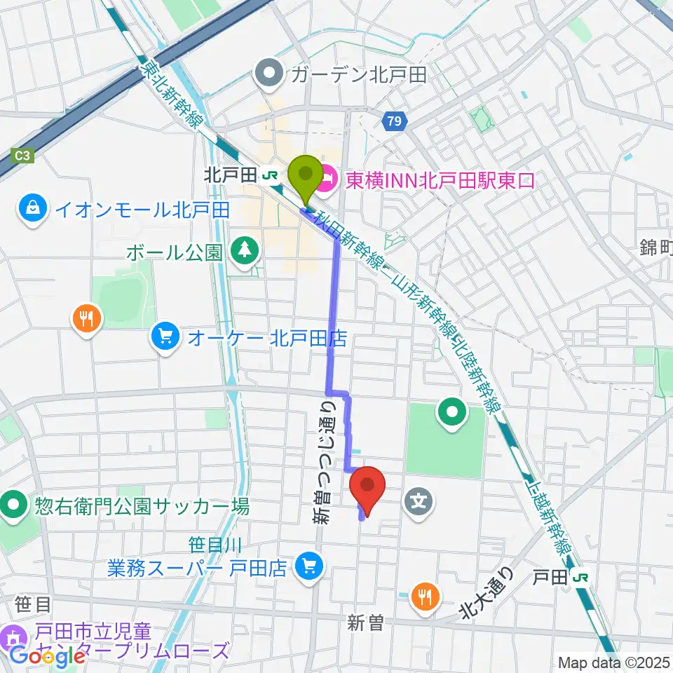 北戸田駅から戸田市立郷土博物館へのルートマップ地図