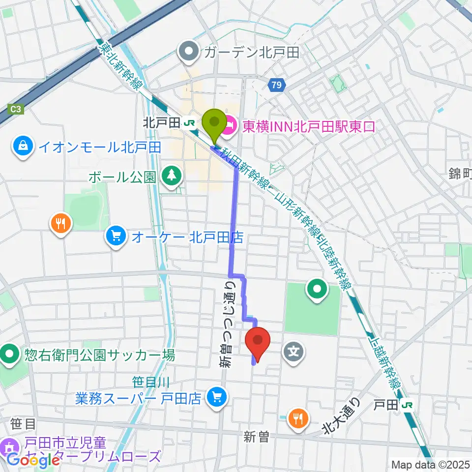 北戸田駅から戸田市立郷土博物館へのルートマップ地図