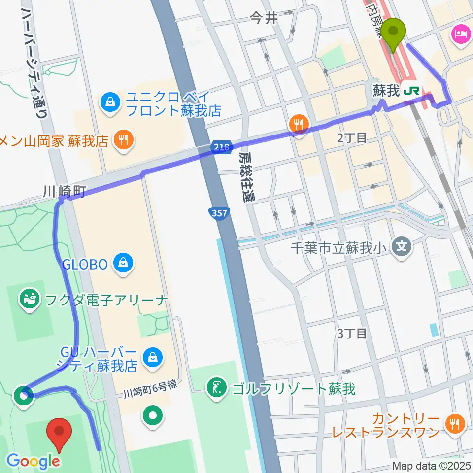 フクダ電子スクエアの最寄駅蘇我駅からの徒歩ルート（約17分）地図