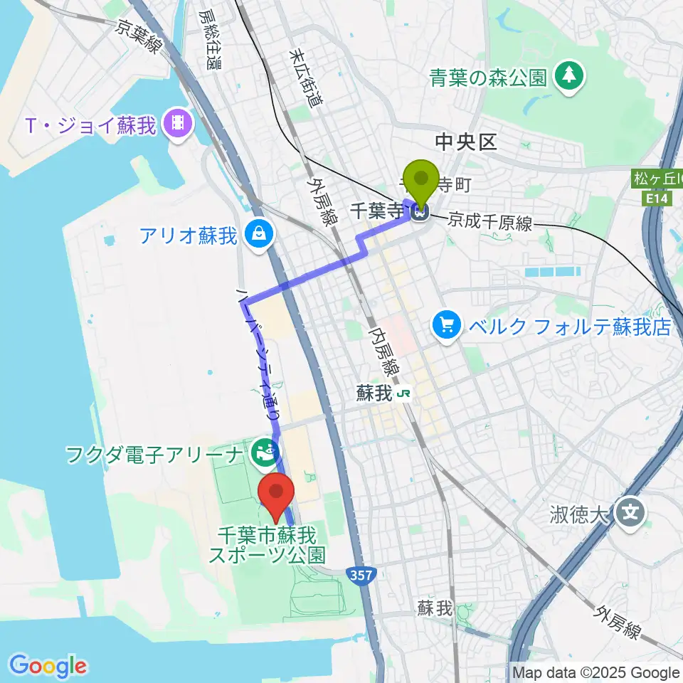 千葉寺駅からフクダ電子スクエアへのルートマップ地図