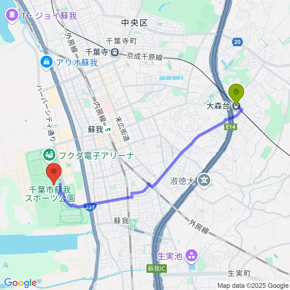 大森台駅からフクダ電子スクエアへのルートマップ地図