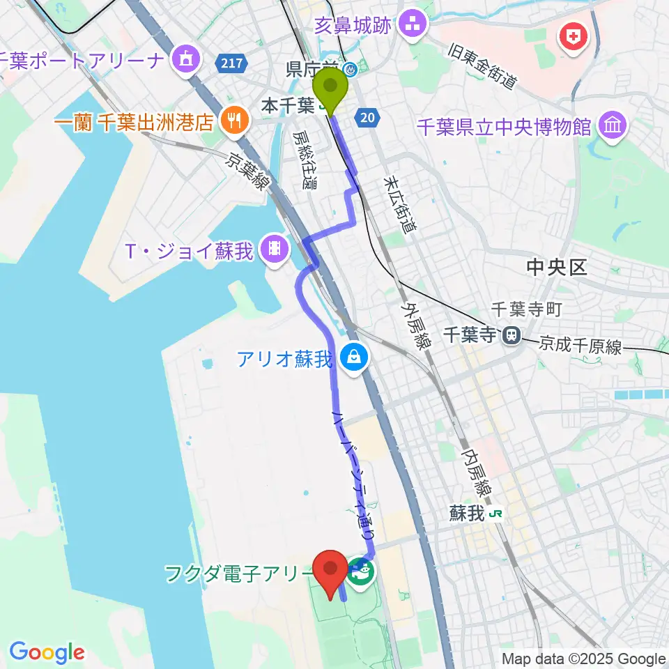 本千葉駅からフクダ電子フィールドへのルートマップ地図