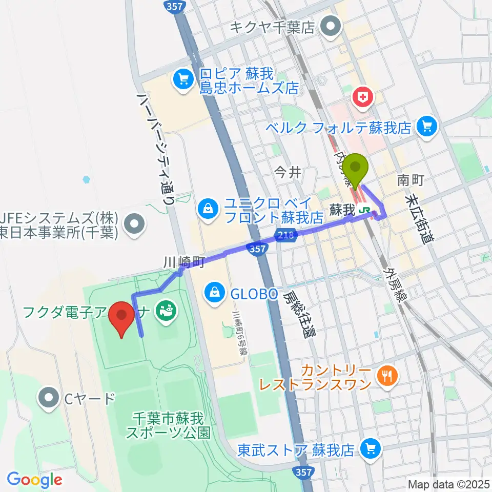 フクダ電子フィールドの最寄駅蘇我駅からの徒歩ルート（約17分）地図
