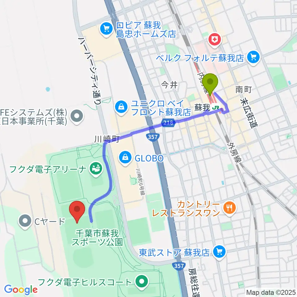 フクダ電子グラウンドの最寄駅蘇我駅からの徒歩ルート（約19分）地図