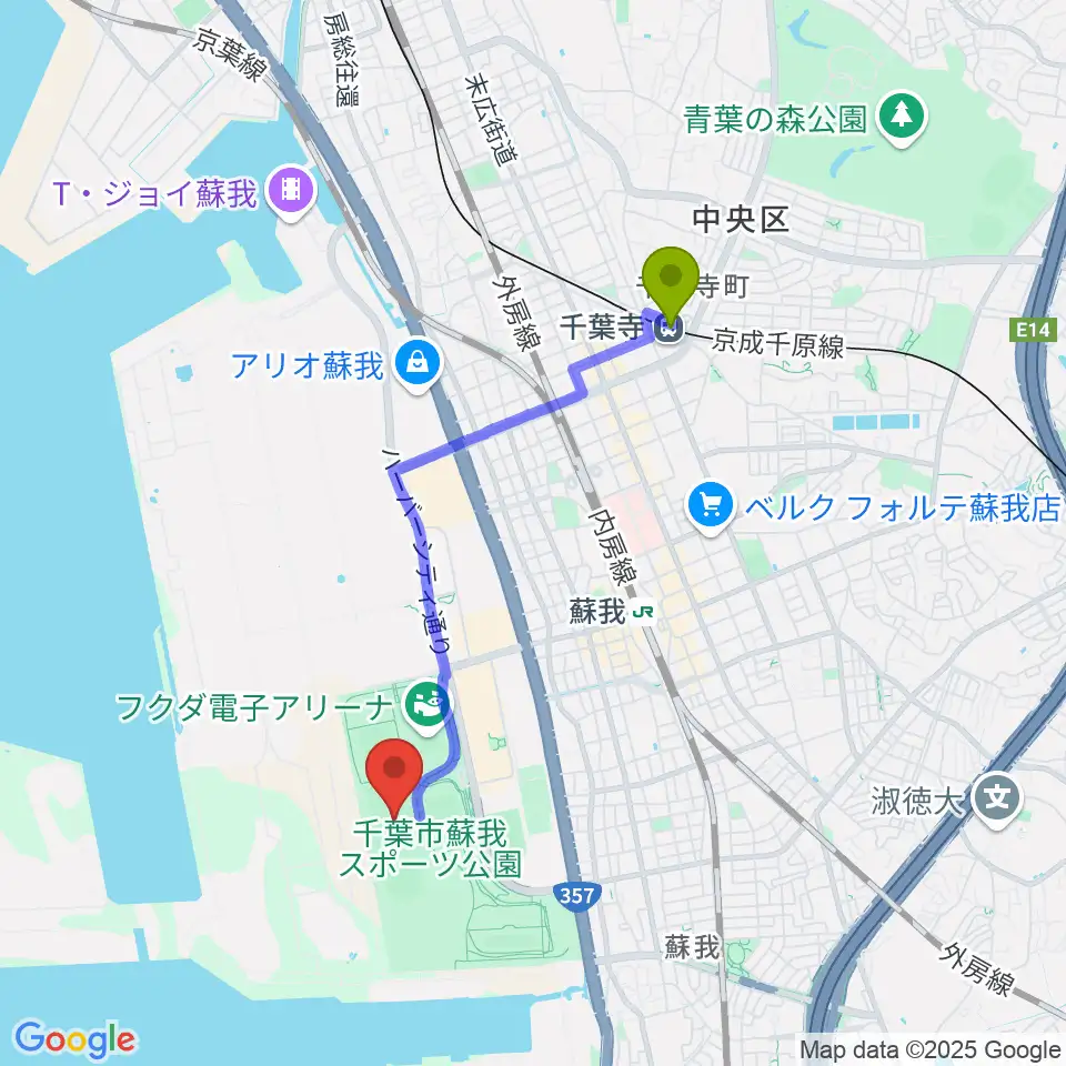 千葉寺駅からフクダ電子グラウンドへのルートマップ地図