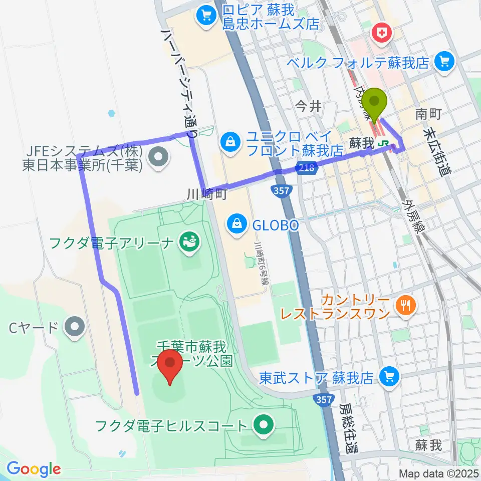 フクダ電子スタジアムの最寄駅蘇我駅からの徒歩ルート（約21分）地図