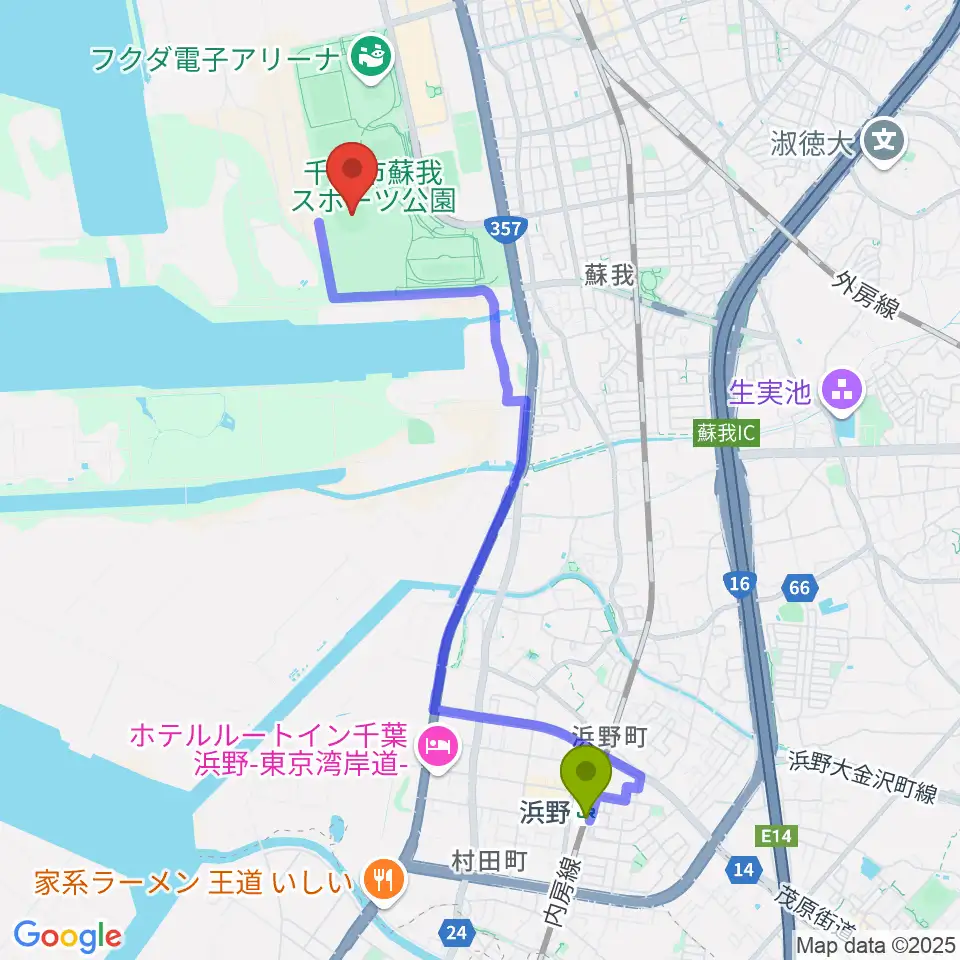 浜野駅からフクダ電子スタジアムへのルートマップ地図