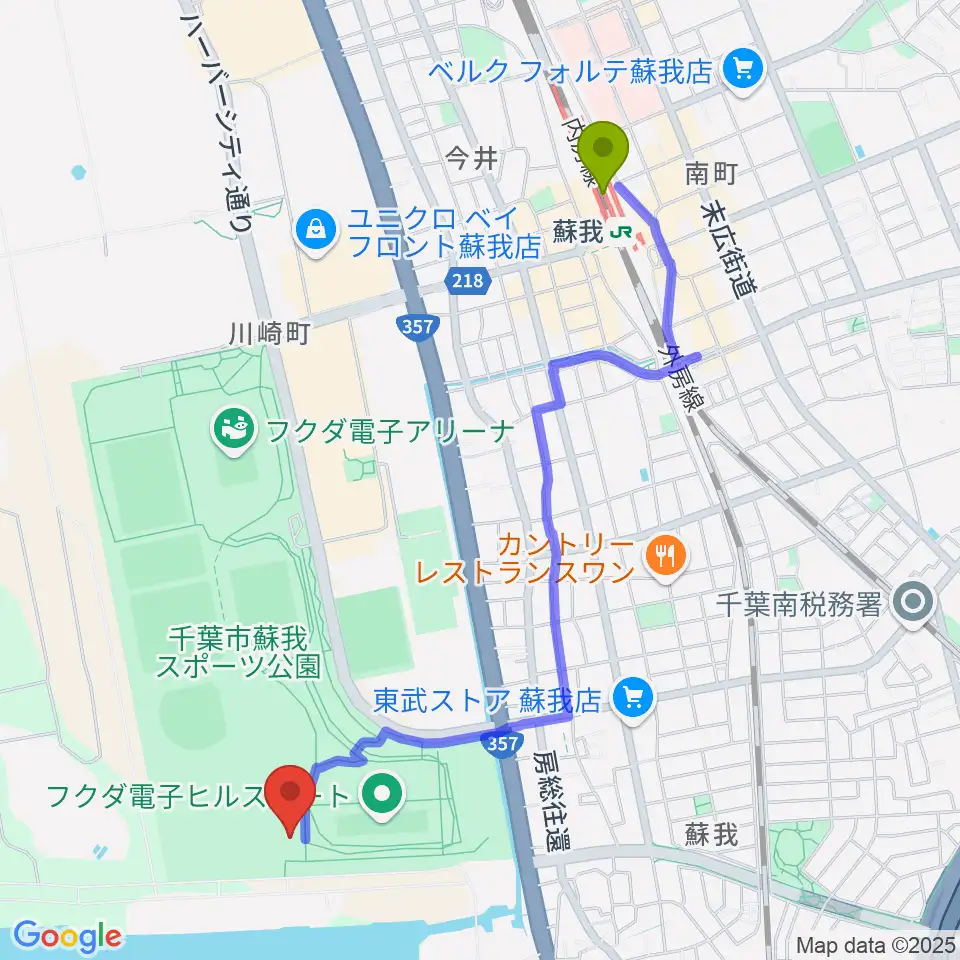 フクダ電子ボードエリアの最寄駅蘇我駅からの徒歩ルート（約23分）地図