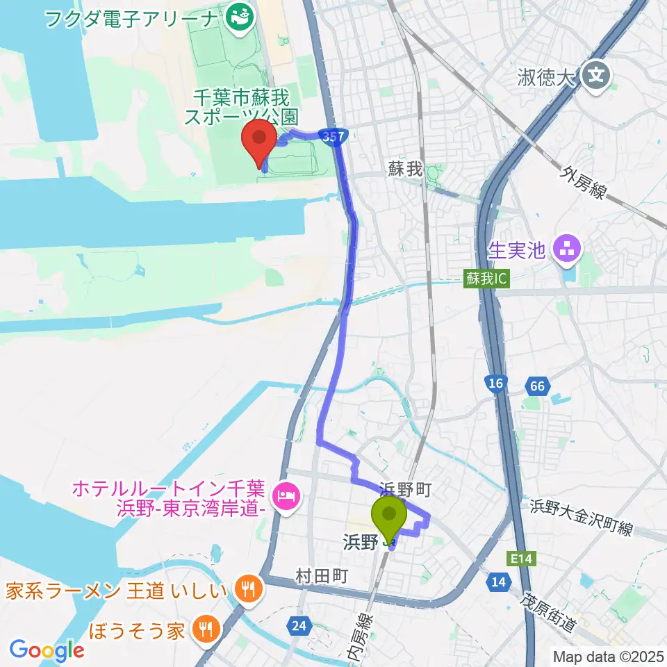 浜野駅からフクダ電子ボードエリアへのルートマップ地図