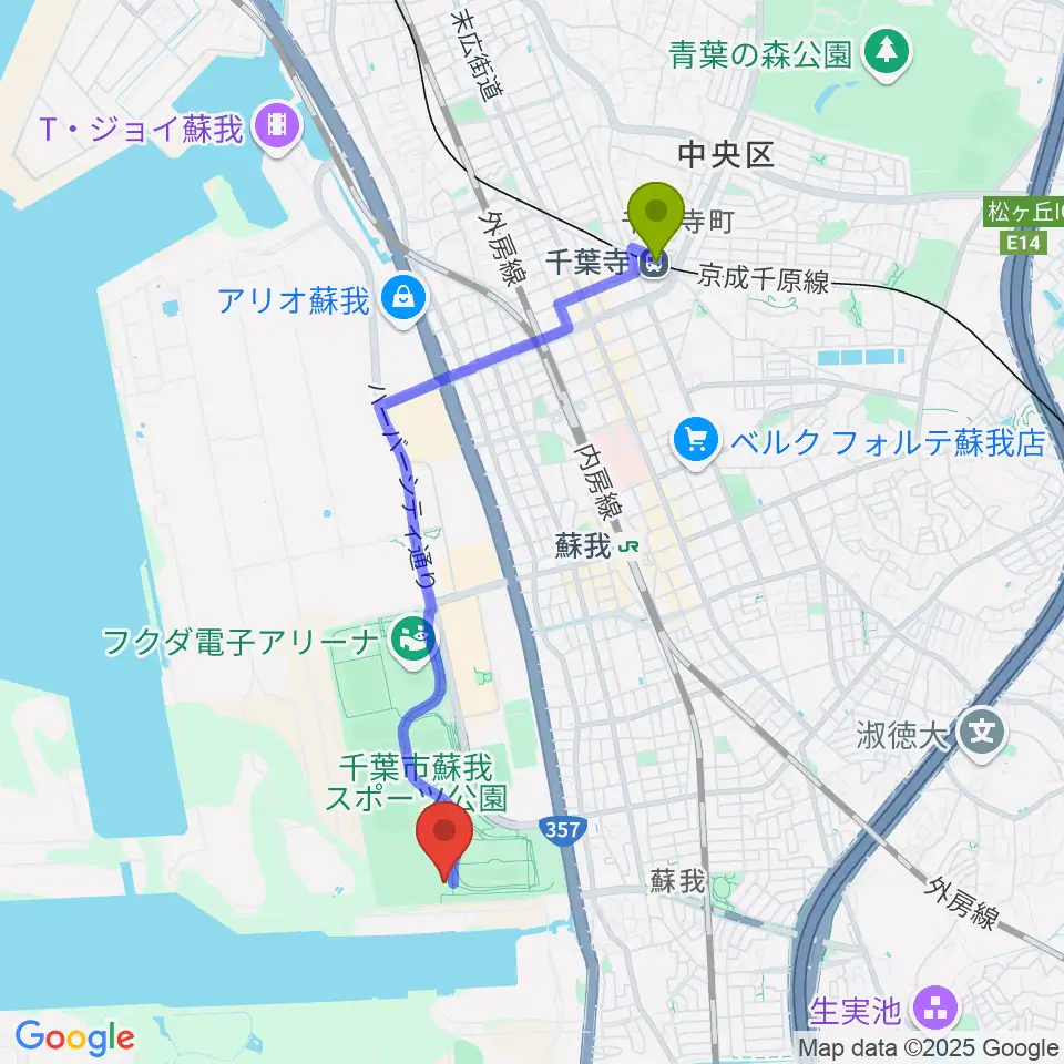 千葉寺駅からフクダ電子ボードエリアへのルートマップ地図