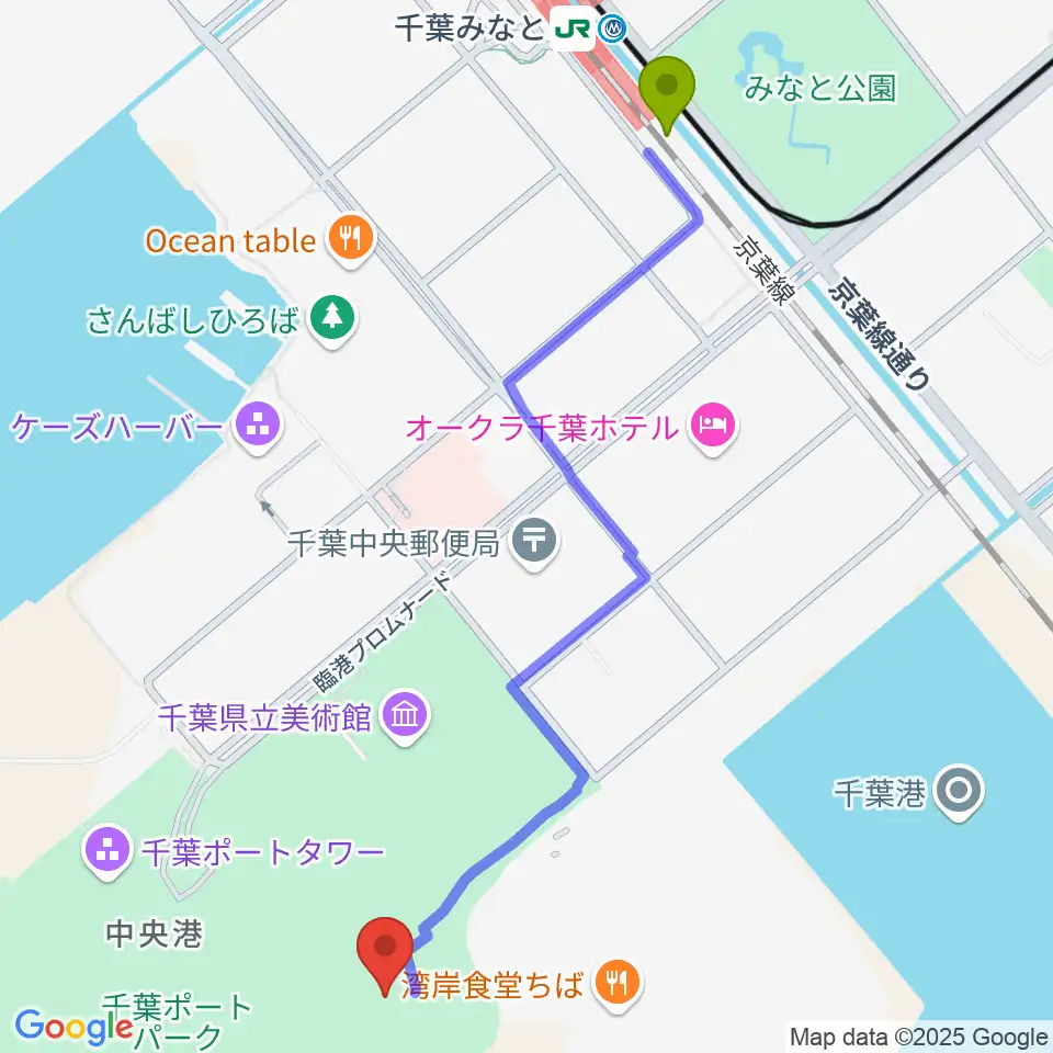 千葉ポートーパーク野外ステージの最寄駅千葉みなと駅からの徒歩ルート（約13分）地図