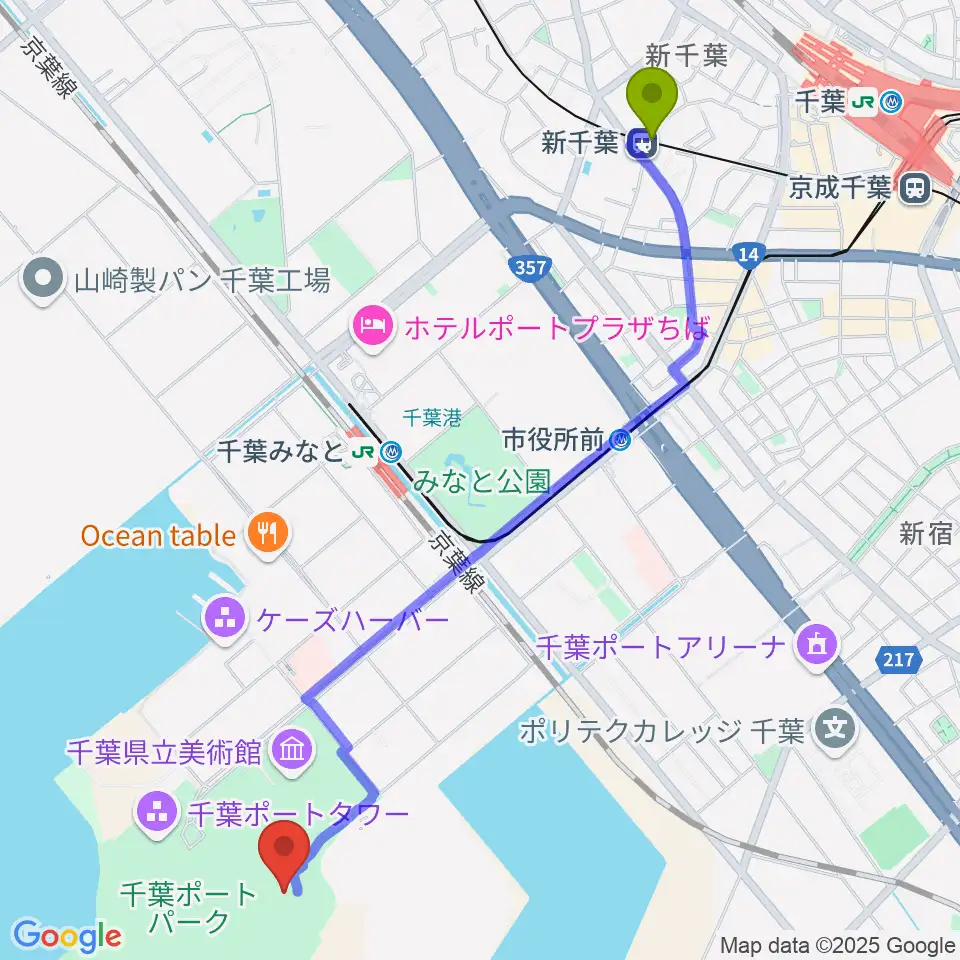 新千葉駅から千葉ポートーパーク野外ステージへのルートマップ地図