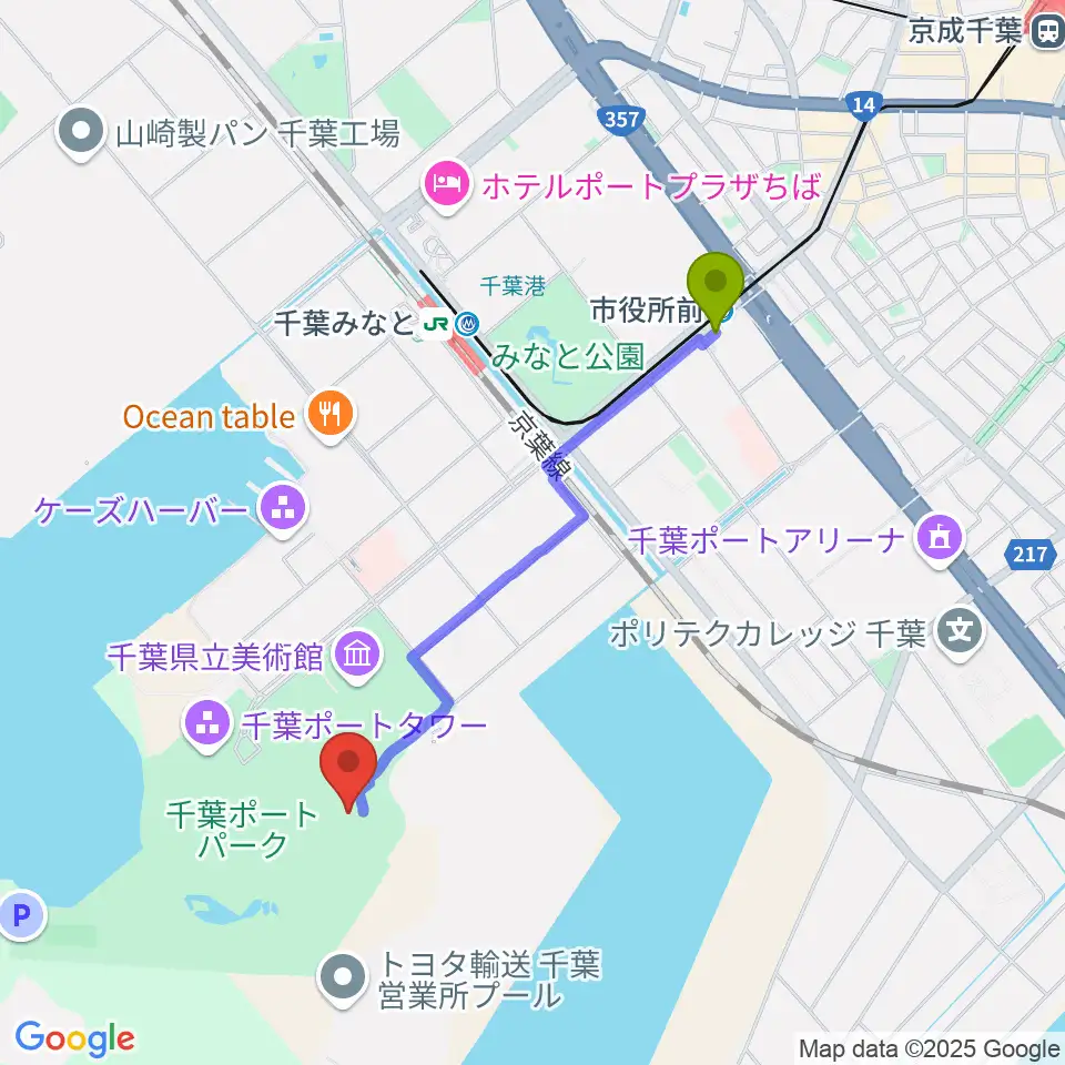 市役所前駅から千葉ポートーパーク野外ステージへのルートマップ地図