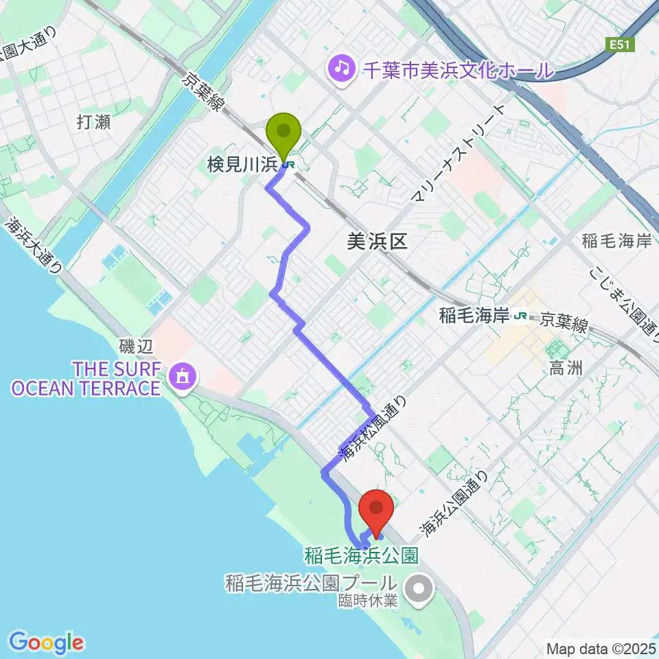 検見川浜駅からボタニカミュージアムへのルートマップ地図