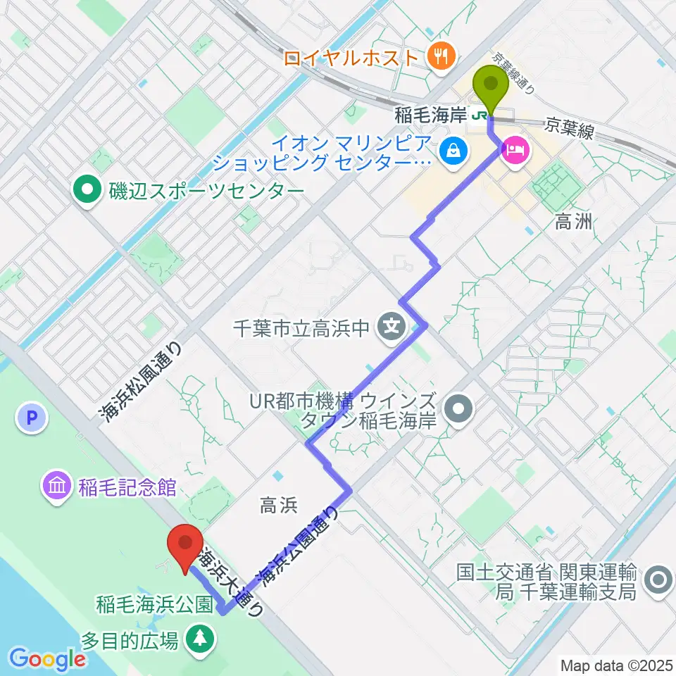 ボタニカミュージアムの最寄駅稲毛海岸駅からの徒歩ルート（約25分）地図
