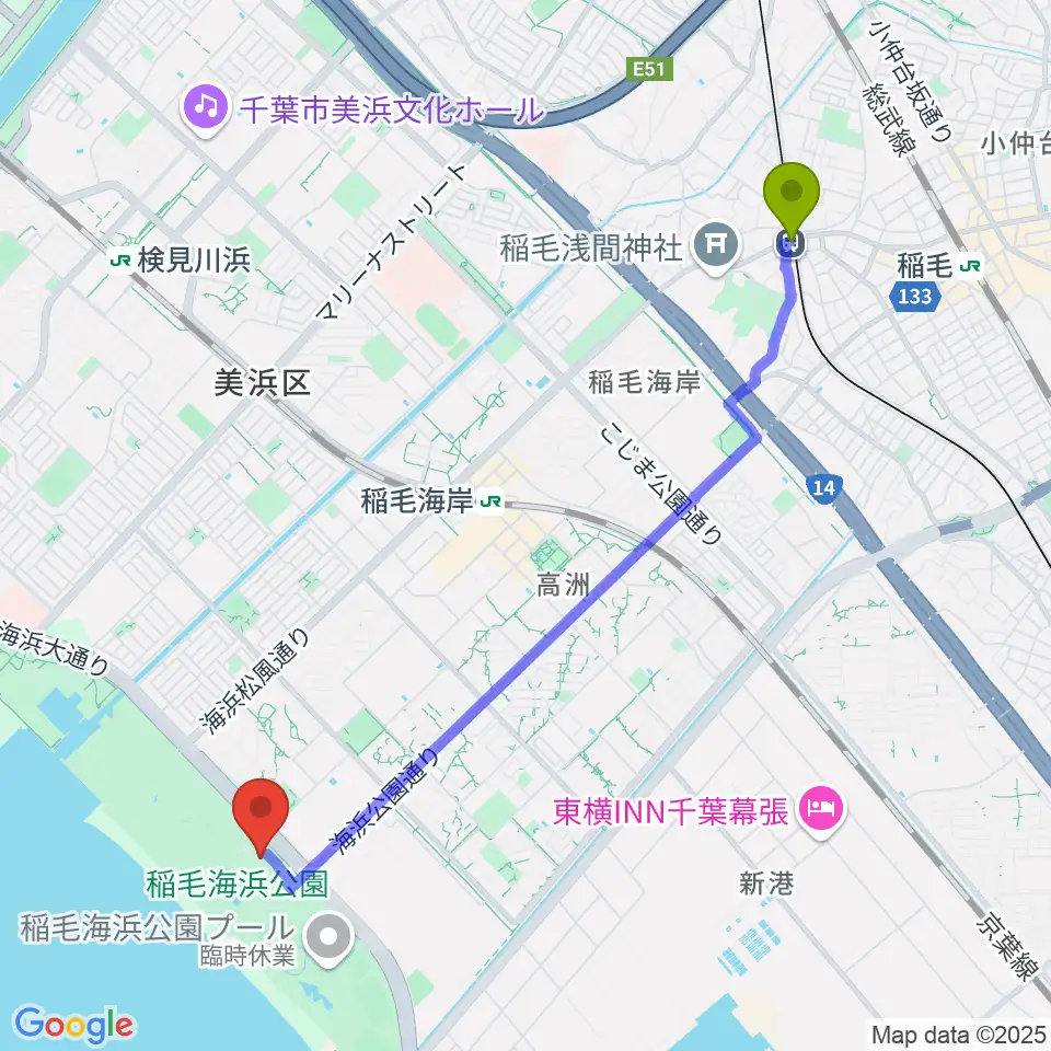 京成稲毛駅からボタニカミュージアムへのルートマップ地図