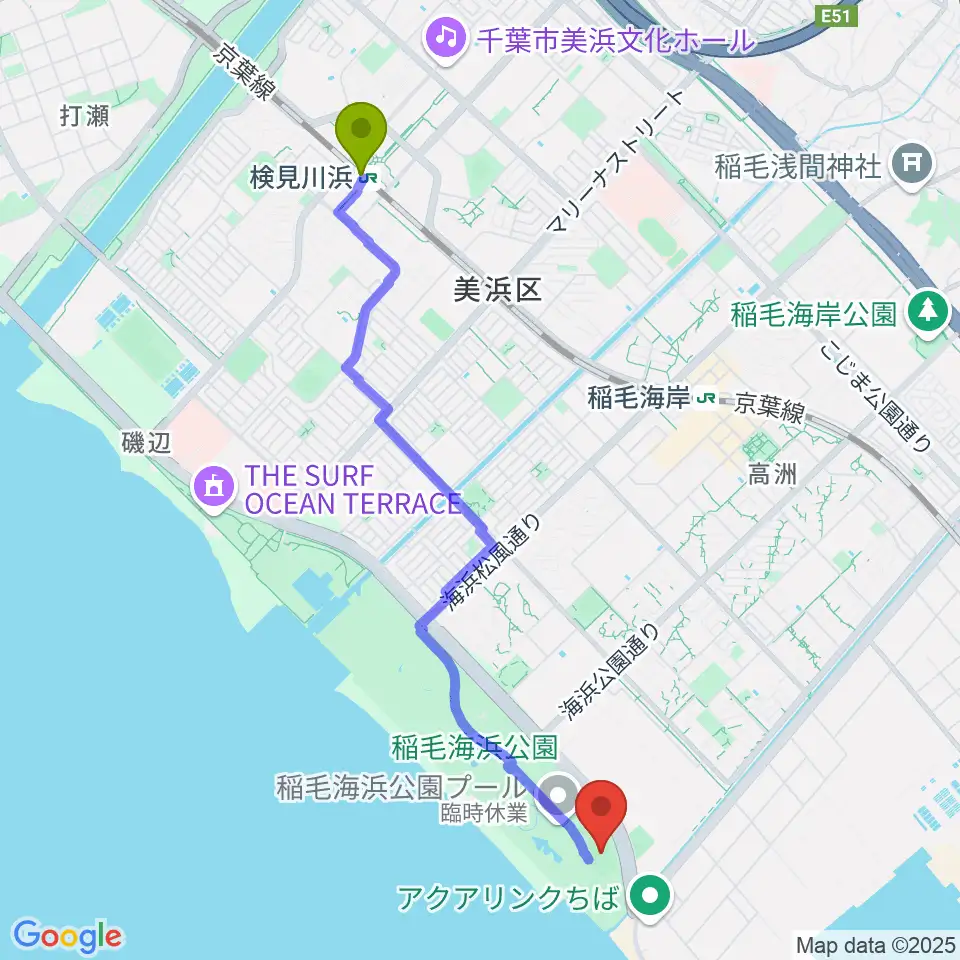 検見川浜駅から稲毛海浜公園野球場へのルートマップ地図