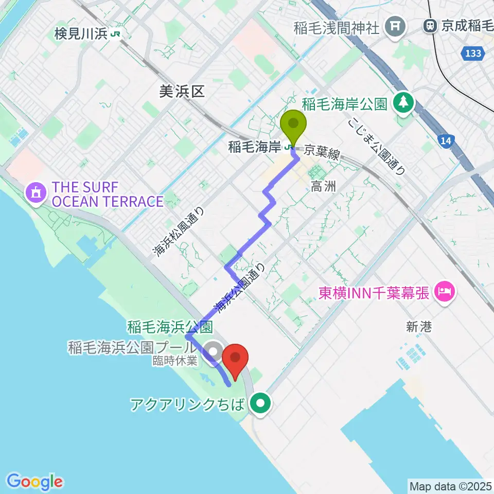 稲毛海浜公園野球場の最寄駅稲毛海岸駅からの徒歩ルート（約30分）地図