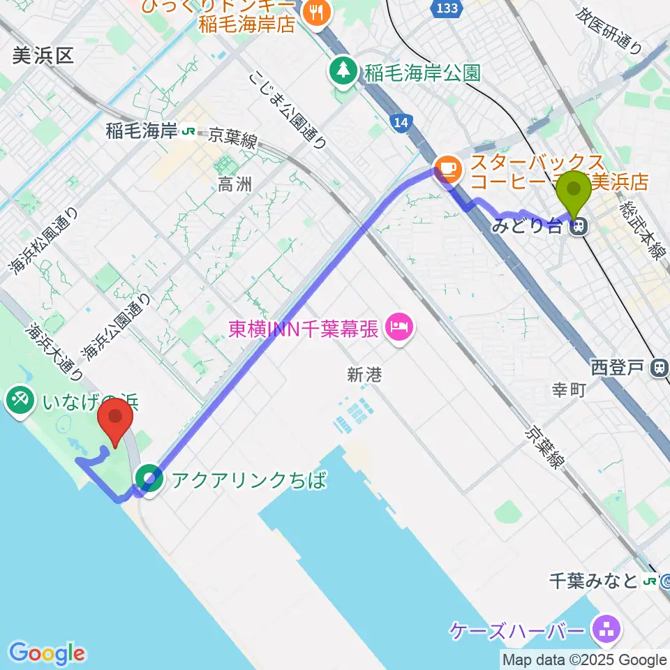 みどり台駅から稲毛海浜公園野球場へのルートマップ地図