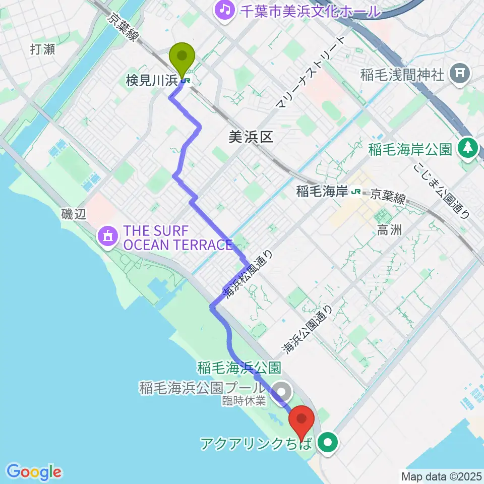 検見川浜駅から稲毛海浜公園球技場へのルートマップ地図