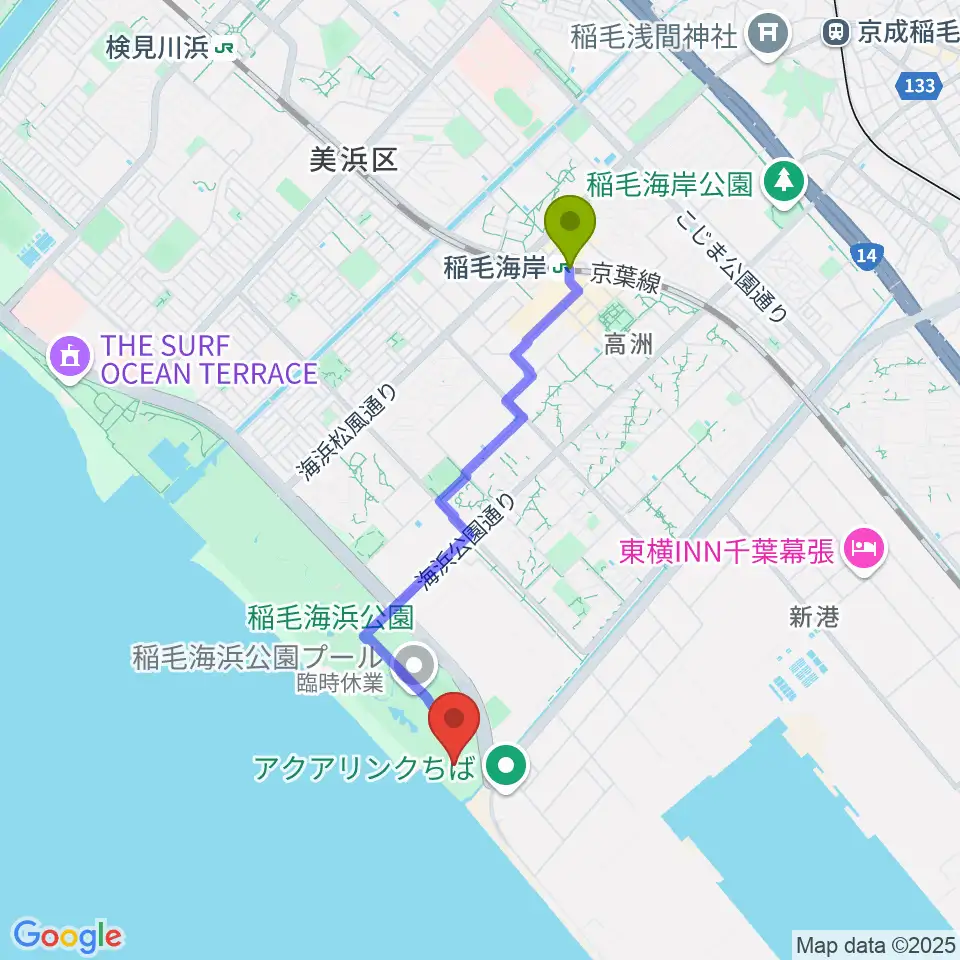 稲毛海浜公園球技場の最寄駅稲毛海岸駅からの徒歩ルート（約33分）地図