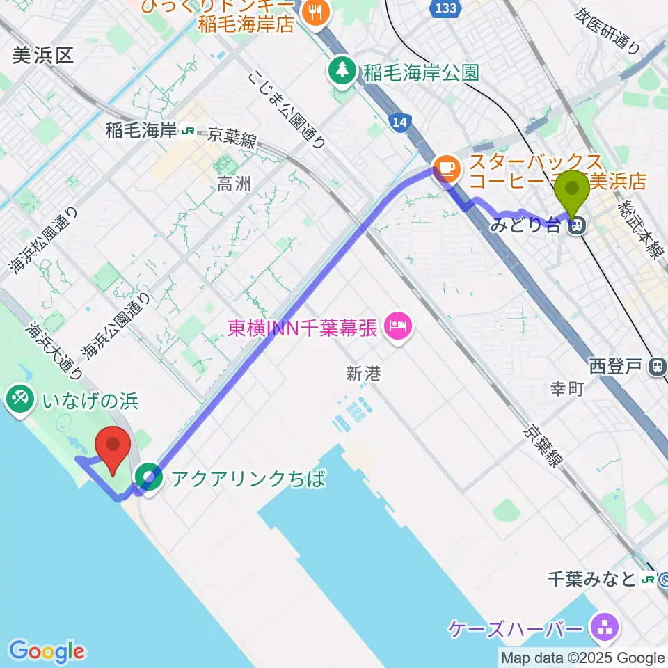 みどり台駅から稲毛海浜公園球技場へのルートマップ地図