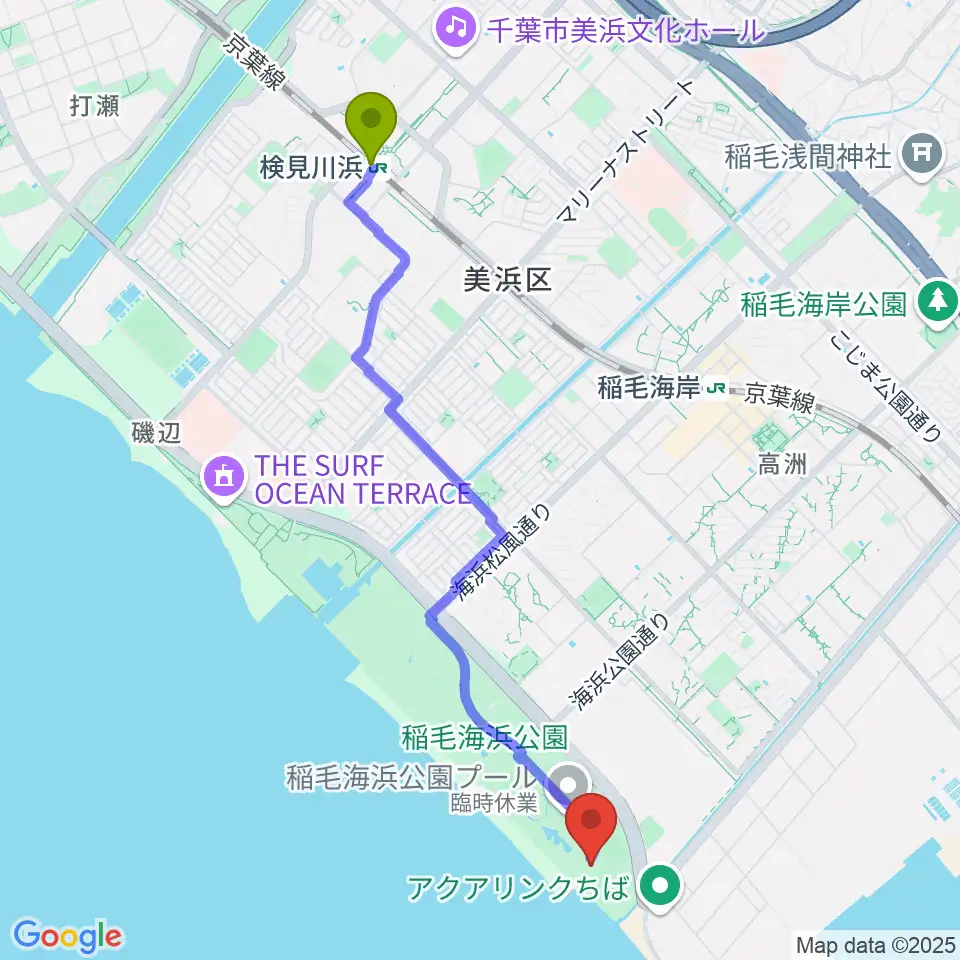 検見川浜駅から稲毛海浜公園屋内運動場へのルートマップ地図