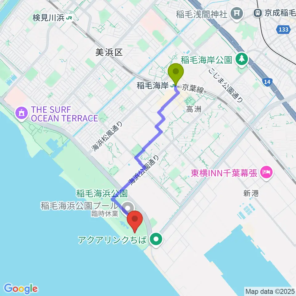 稲毛海浜公園屋内運動場の最寄駅稲毛海岸駅からの徒歩ルート（約32分）地図