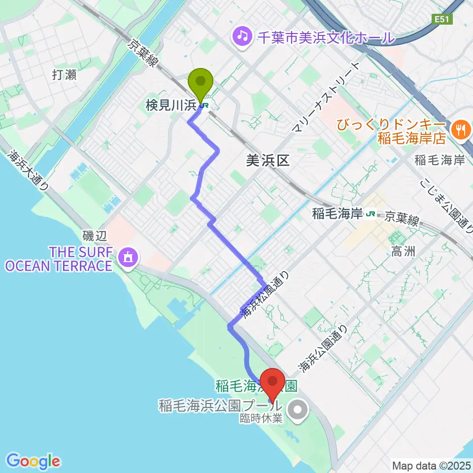 検見川浜駅から稲毛海浜公園多目的広場へのルートマップ地図