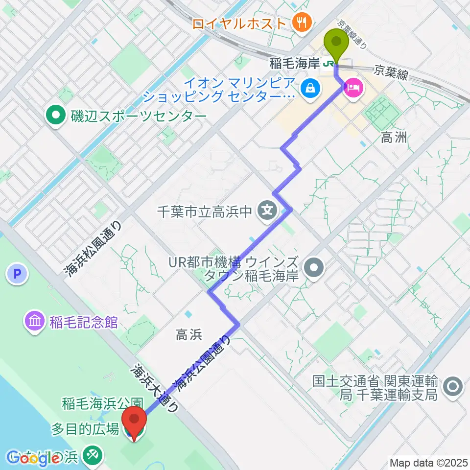 稲毛海浜公園多目的広場の最寄駅稲毛海岸駅からの徒歩ルート（約28分）地図