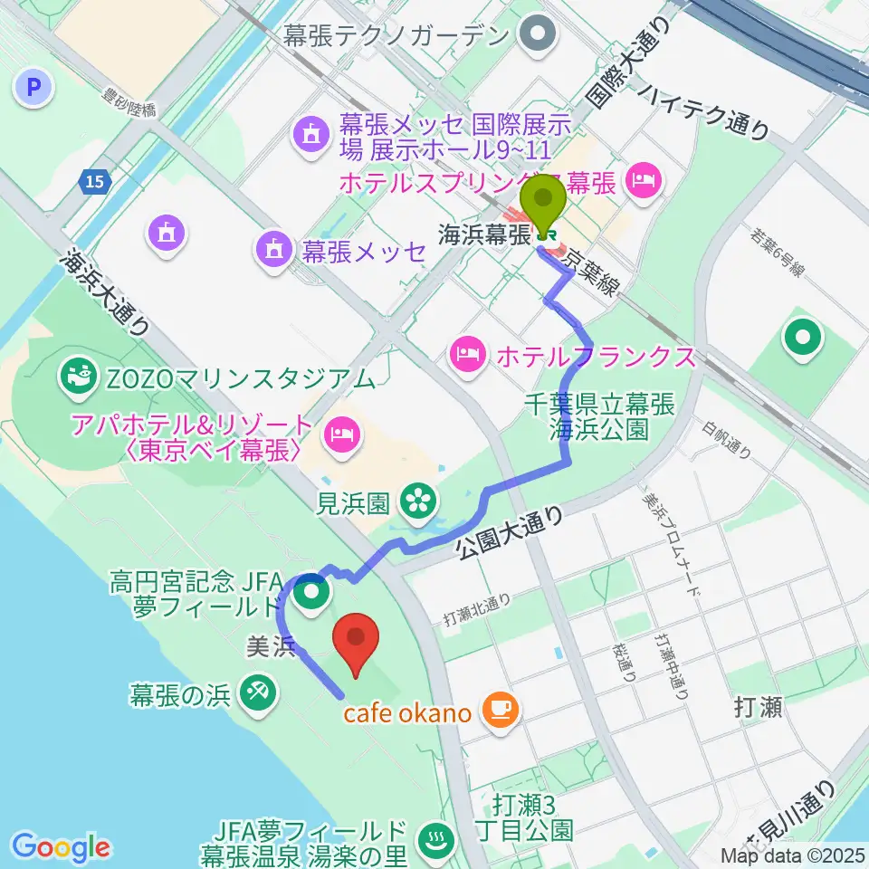 JFA夢フィールドBピッチの最寄駅海浜幕張駅からの徒歩ルート（約17分）地図