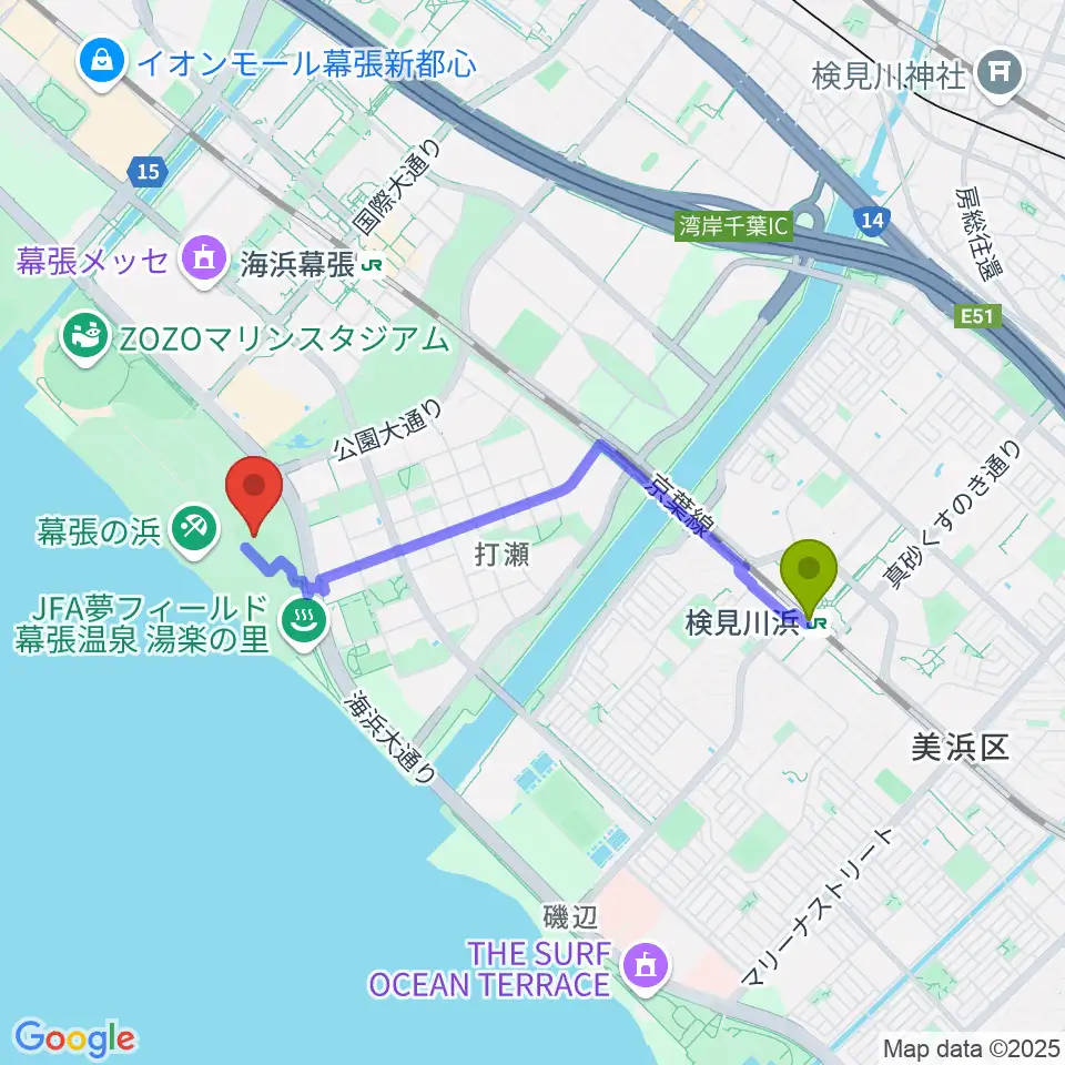 検見川浜駅からJFA夢フィールドBピッチへのルートマップ地図