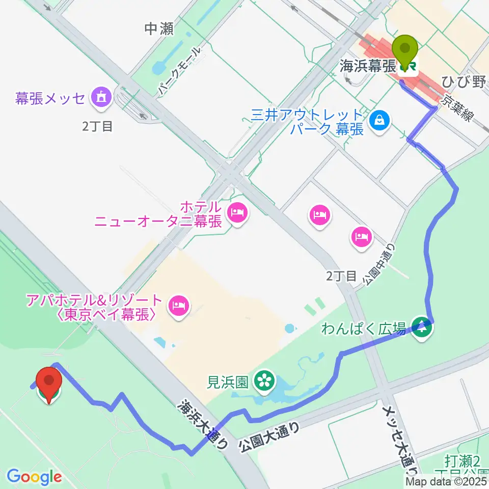 JFA夢フィールドC・Dピッチの最寄駅海浜幕張駅からの徒歩ルート（約15分）地図