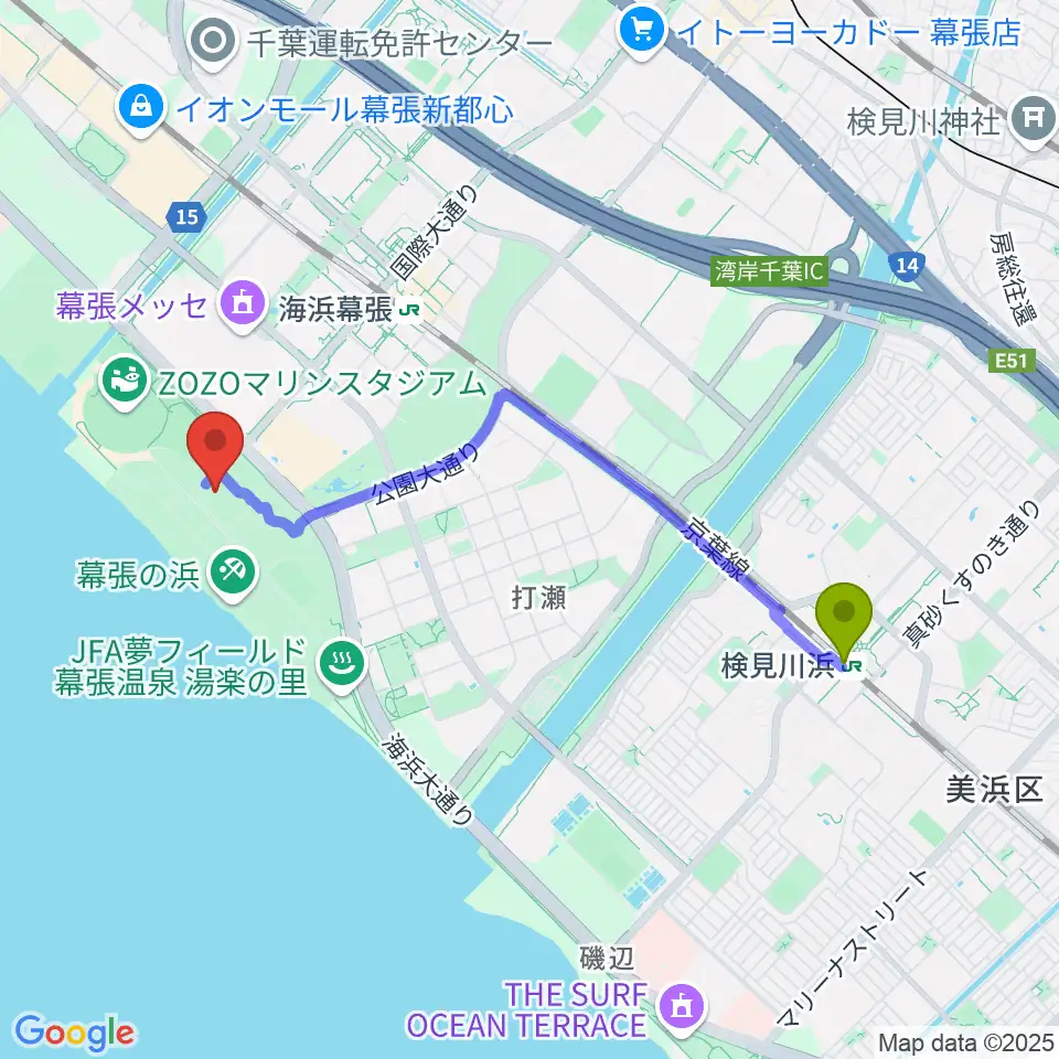 検見川浜駅からJFA夢フィールドC・Dピッチへのルートマップ地図