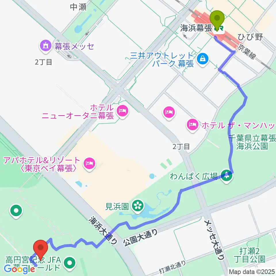 JFA夢フィールド ビーチサッカーピッチの最寄駅海浜幕張駅からの徒歩ルート（約16分）地図