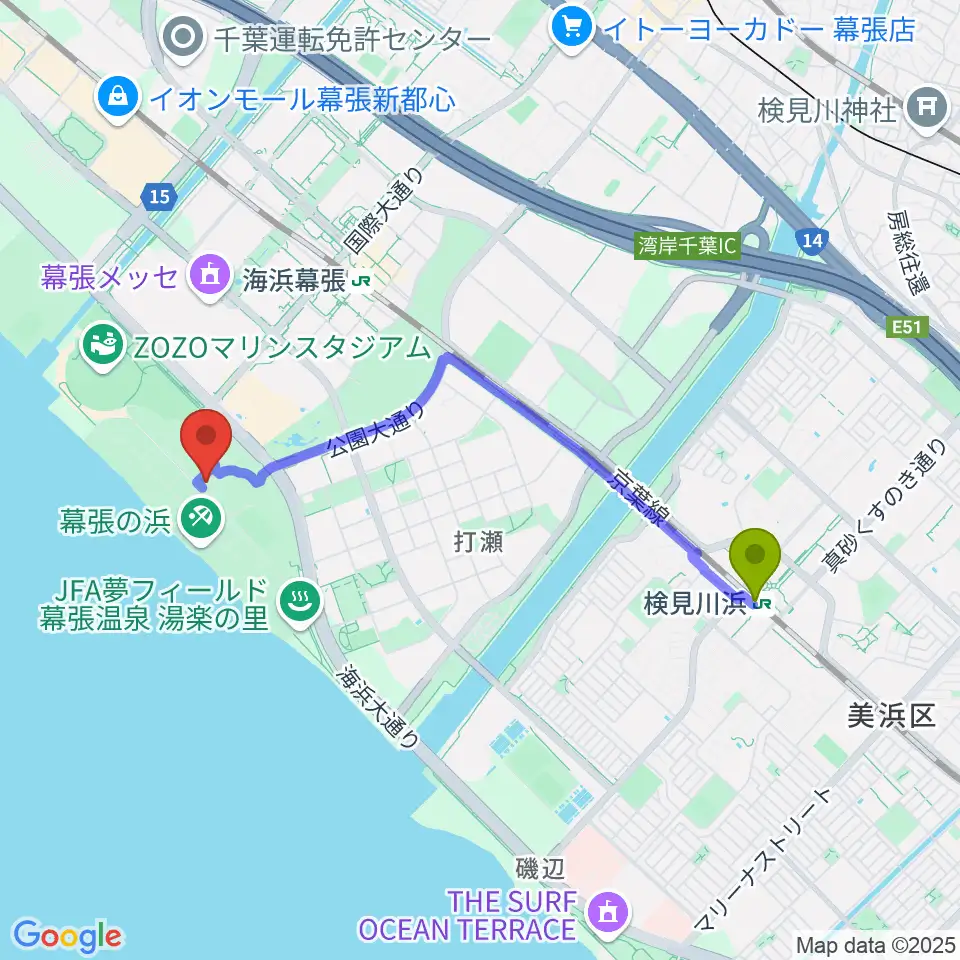 検見川浜駅からJFA夢フィールド ビーチサッカーピッチへのルートマップ地図